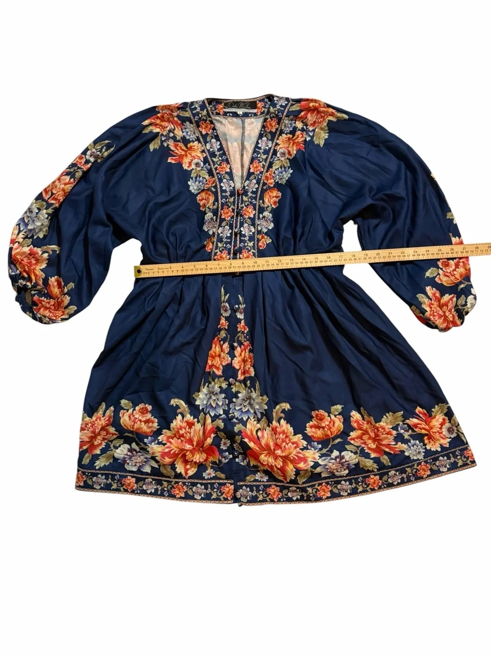 NWOT Dalia Macphee  Navy Floral Embroidered Mini Dress with Belt Size-Large - Picture 3 of 8